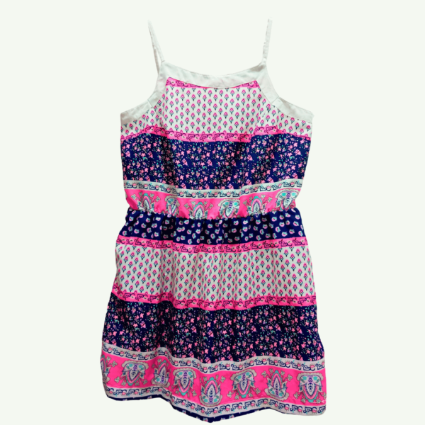 VESTIDO FASHION CAEDU ESTAMPADO ROSA E AZUL COM ELASTICO NA CINTURA ZIPER NAS COSTAS